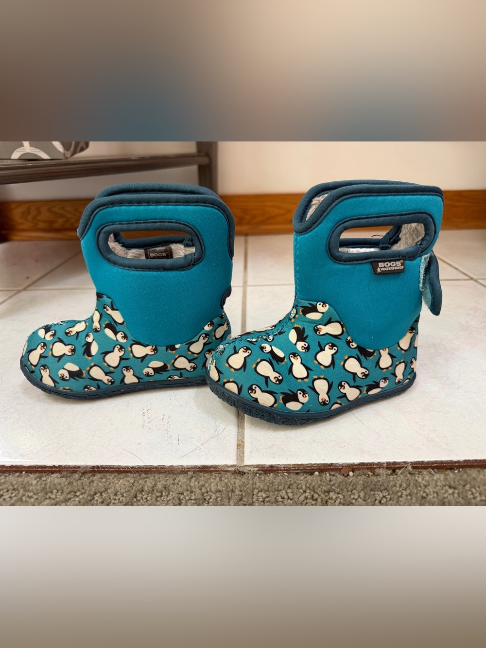 Bogs Teal Penguin Print Kids Pull-On Rain Boots